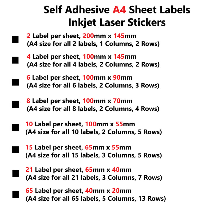 Versatile A4 Self-Adhesive Pre-Cut Labels: Available in 2, 4, 6, 8, 10, 15, 21, and 65 Labels Per Sheet
