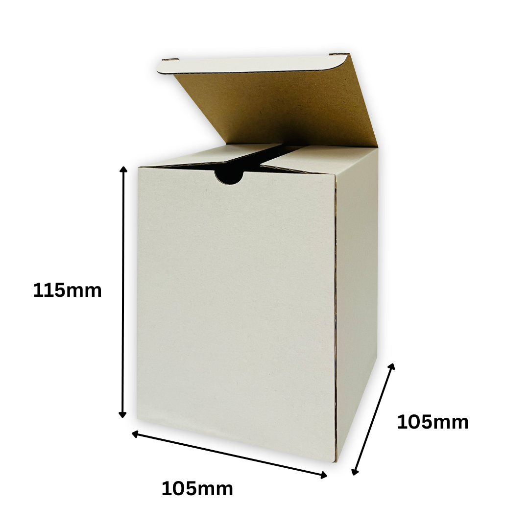 105 x 105 x 115mm White Corrugated Candle Box | Die Cut, Self-Locking, Flat-Pack, Eco-Friendly