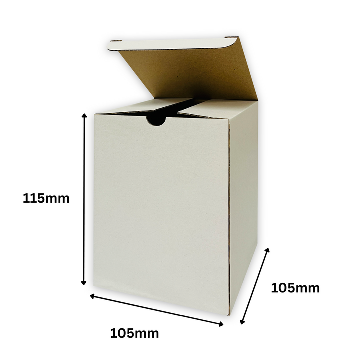 105 x 105 x 115mm White Corrugated Candle Box | Die Cut, Self-Locking, Flat-Pack, Eco-Friendly