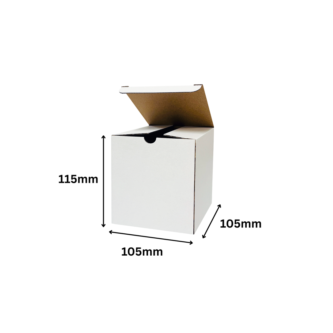 105 x 105 x 115mm White Corrugated Candle Box | Die Cut, Self-Locking, Flat-Pack, Eco-Friendly