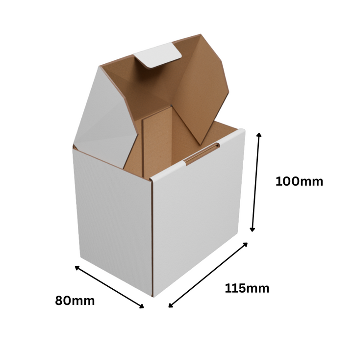 115 x 80 x 100mm White Corrugated Die Cut Mailing Box | Self-Locking, Flat-Pack, Eco-Friendly