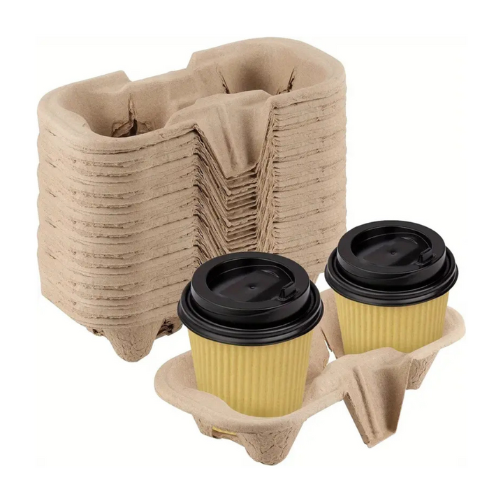 Eco-Friendly 2-Cup Kraft Brown Pulp Drink Carrier – Disposable Coffee Tray for Takeaway & Travel