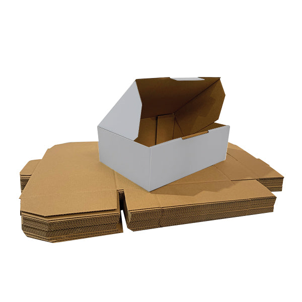 152 x 132 x 75mm White Corrugated Die Cut Mailing Box  Self-Locking, Flat-Pack, Eco-Friendly