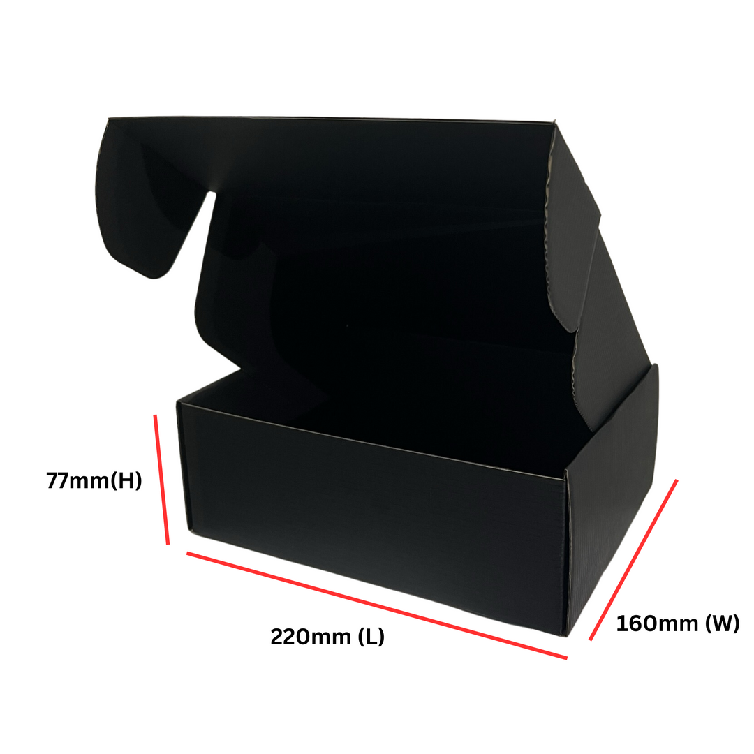 Premium-Quality Full Black Mailing Boxes 220 x 160 x 77mm | Die-Cut Shipping Cardboard Box with Tuck-Front Design