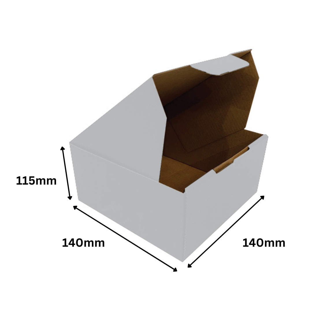 140 x 140 x 115mm White Die Cut Mailing Cardboard Boxes – Self-Locking Design