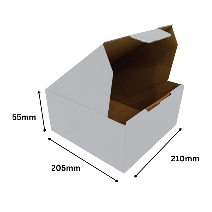 210 x 205 x 55mm White Corrugated Die Cut Mailing Box | Self-Locking, Flat-Pack, Eco-Friendly