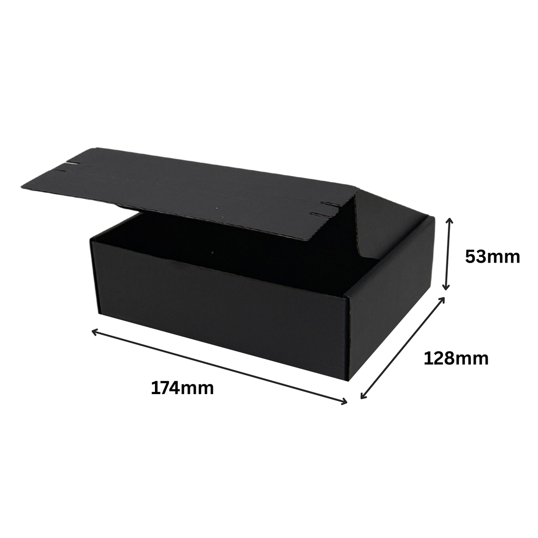 Full Black Self Sealing Tuck Front Box 174 × 128 × 53 mm – Sturdy and Durable Cardboard Postal Boxes