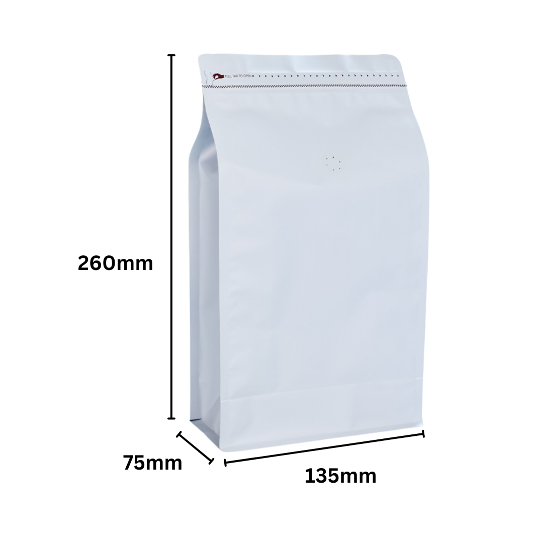 135 x 260 + 75mm White Coffee Ziplock Bag – Airtight, Stylish, and Durable Coffee Storage