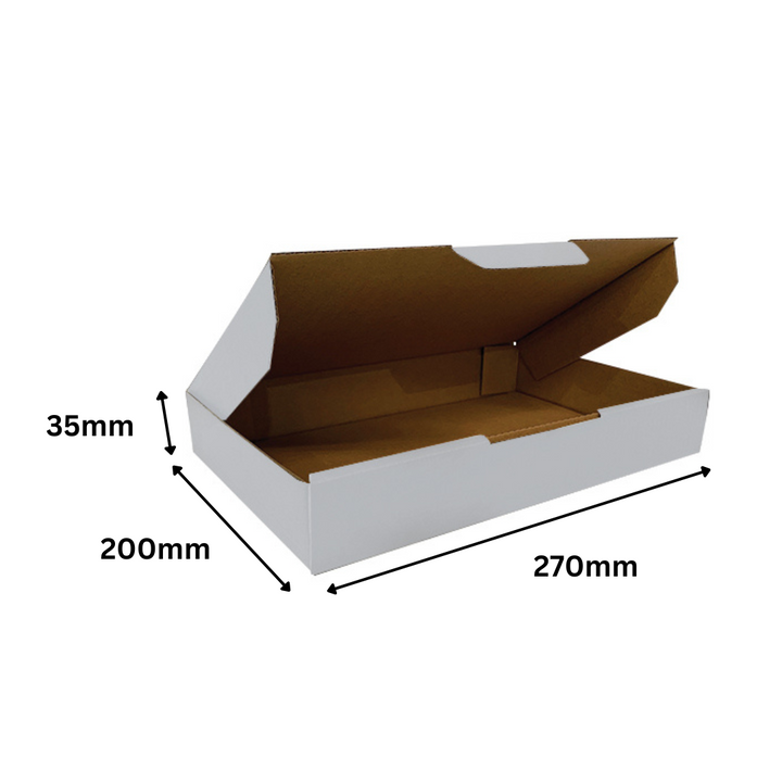 270 x 200 x 35mm White Corrugated Die Cut Mailing Box | Self-Locking, Flat-Pack, Eco-Friendly