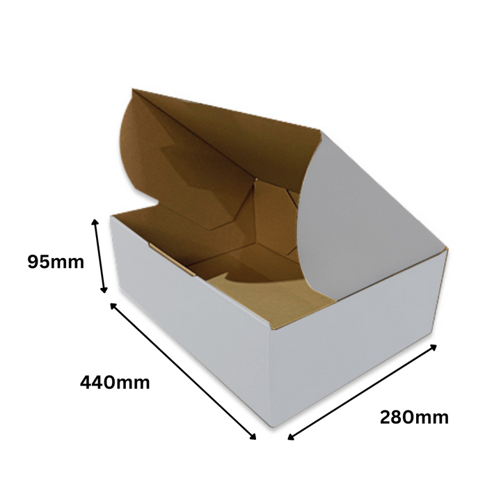 440 x 280 x 95mm White Die Cut Corrugated Mailing Boxes | Self-Locking, Flat-Pack, Eco-Friendly