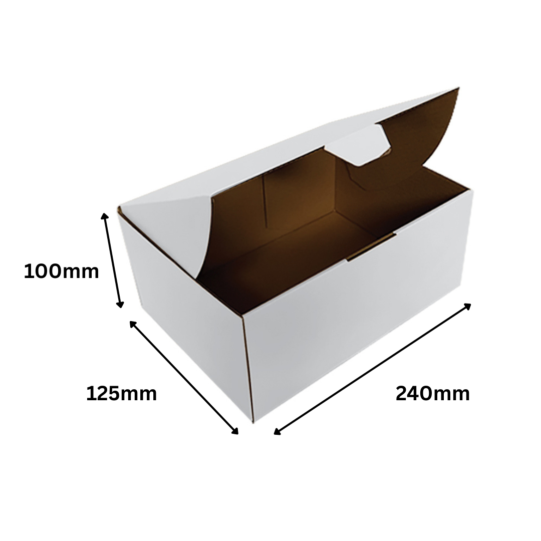 240 x 125 x 100mm White Corrugated Die Cut Mailing Box | Self-Locking, Flat-Pack, Eco-Friendly