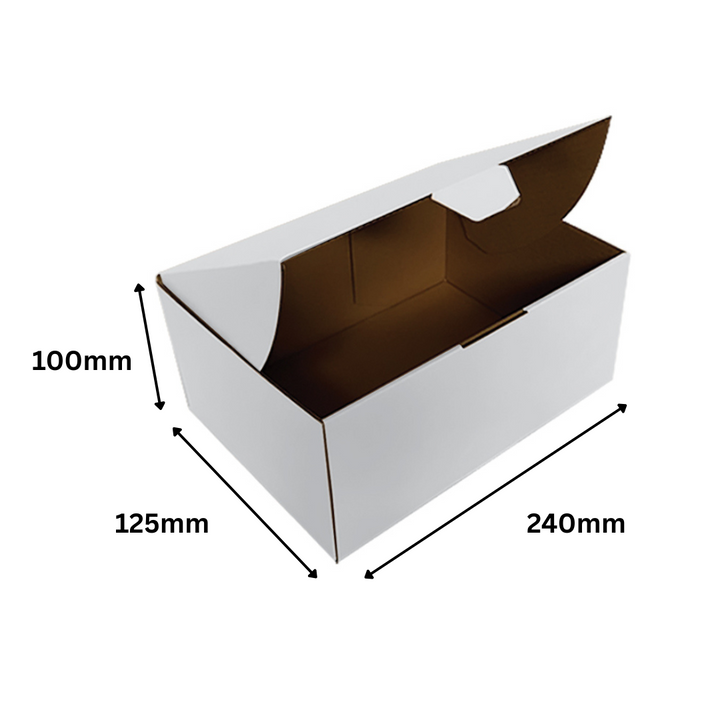 240 x 125 x 100mm White Corrugated Die Cut Mailing Box | Self-Locking, Flat-Pack, Eco-Friendly