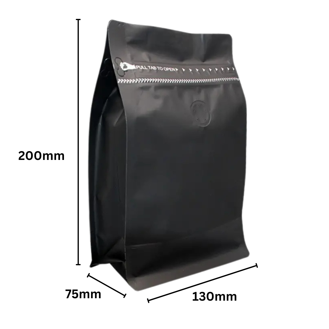 130 x 200 + 75mm Black Coffee Ziplock Bag – Airtight, Stylish, and Durable Coffee Storage