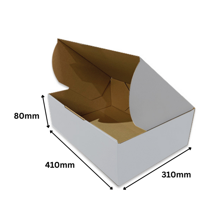 410 x 310 x 80mm White Die Cut Cardboard Mailing Boxes – B Flute Corrugated