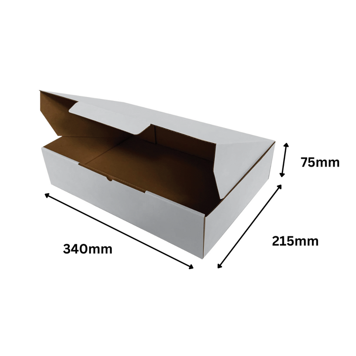 340 x 215 x 75mm White Corrugated Die Cut Mailing Box | Self-Locking, Flat-Pack, Eco-Friendly