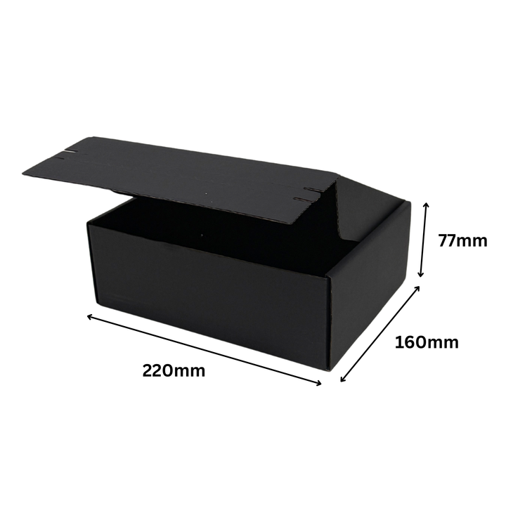 Full Black Self Sealing Tuck Front Box 220 × 160 × 77 mm – Sturdy and Durable Cardboard Postal Boxes