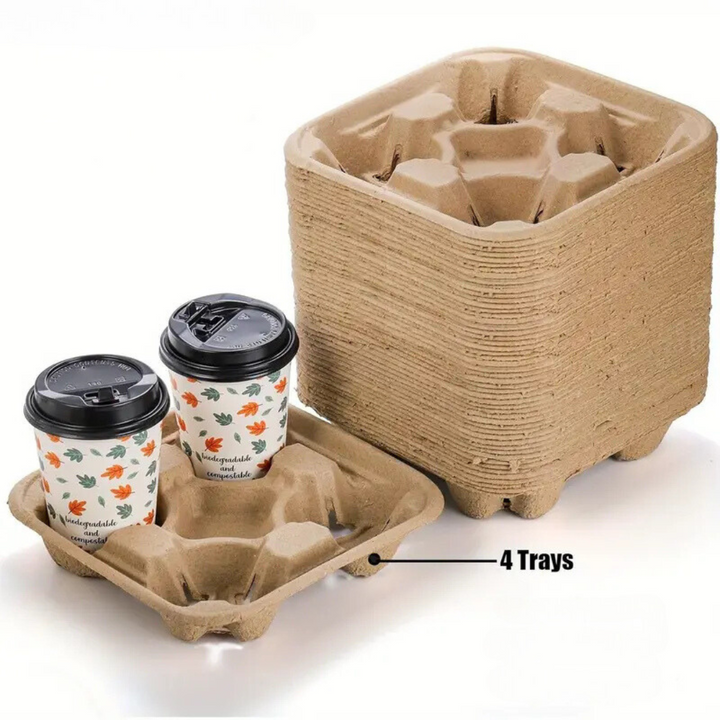 Eco-Friendly 4-Cup Kraft Brown Pulp Drink Carrier – Disposable Coffee Tray for Takeaway & Travel