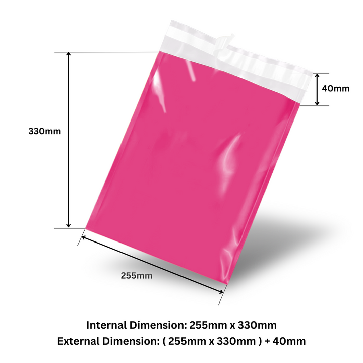 255mm x 330mm + 40mm Poly Mailing Courier Satchel Pink with White Inner Lining