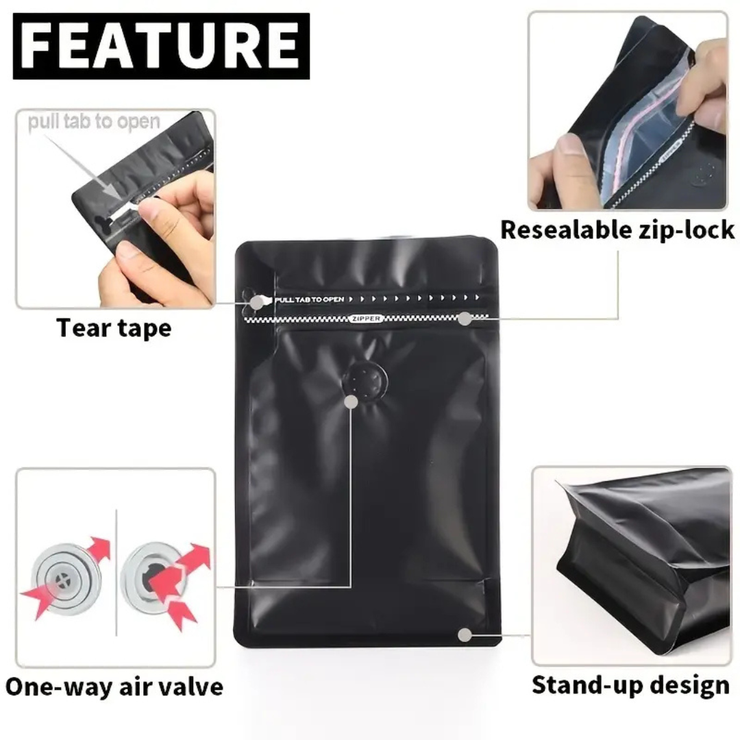 90 x 180 + 50mm Black Coffee Ziplock Bag – Airtight, Stylish, and Durable Coffee Storage