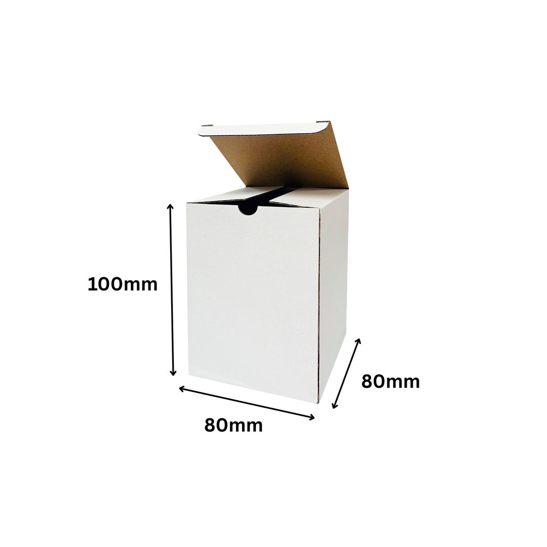 80 x 80 x 100mm White Corrugated Candle Box | Die Cut, Self-Locking, Flat-Pack, Eco-Friendly