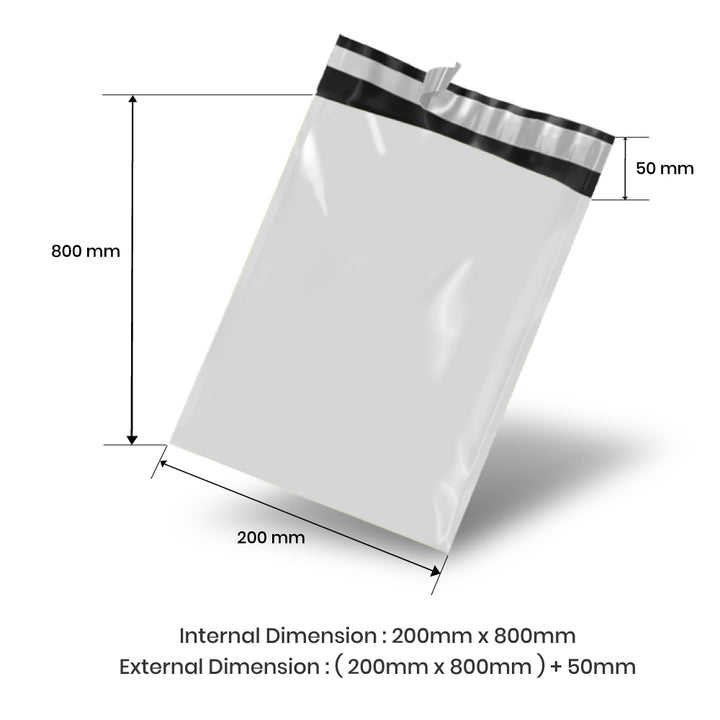 200mm x 800mm + 50mm Poly Mailing Courier Satchel White