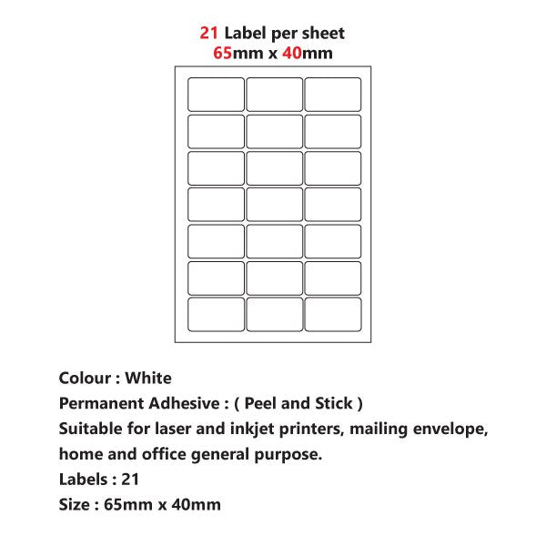 Versatile A4 Self-Adhesive Pre-Cut Labels: Available in 2, 4, 6, 8, 10, 15, 21, and 65 Labels Per Sheet