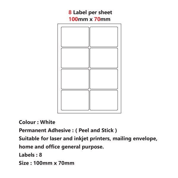 Versatile A4 Self-Adhesive Pre-Cut Labels: Available in 2, 4, 6, 8, 10, 15, 21, and 65 Labels Per Sheet