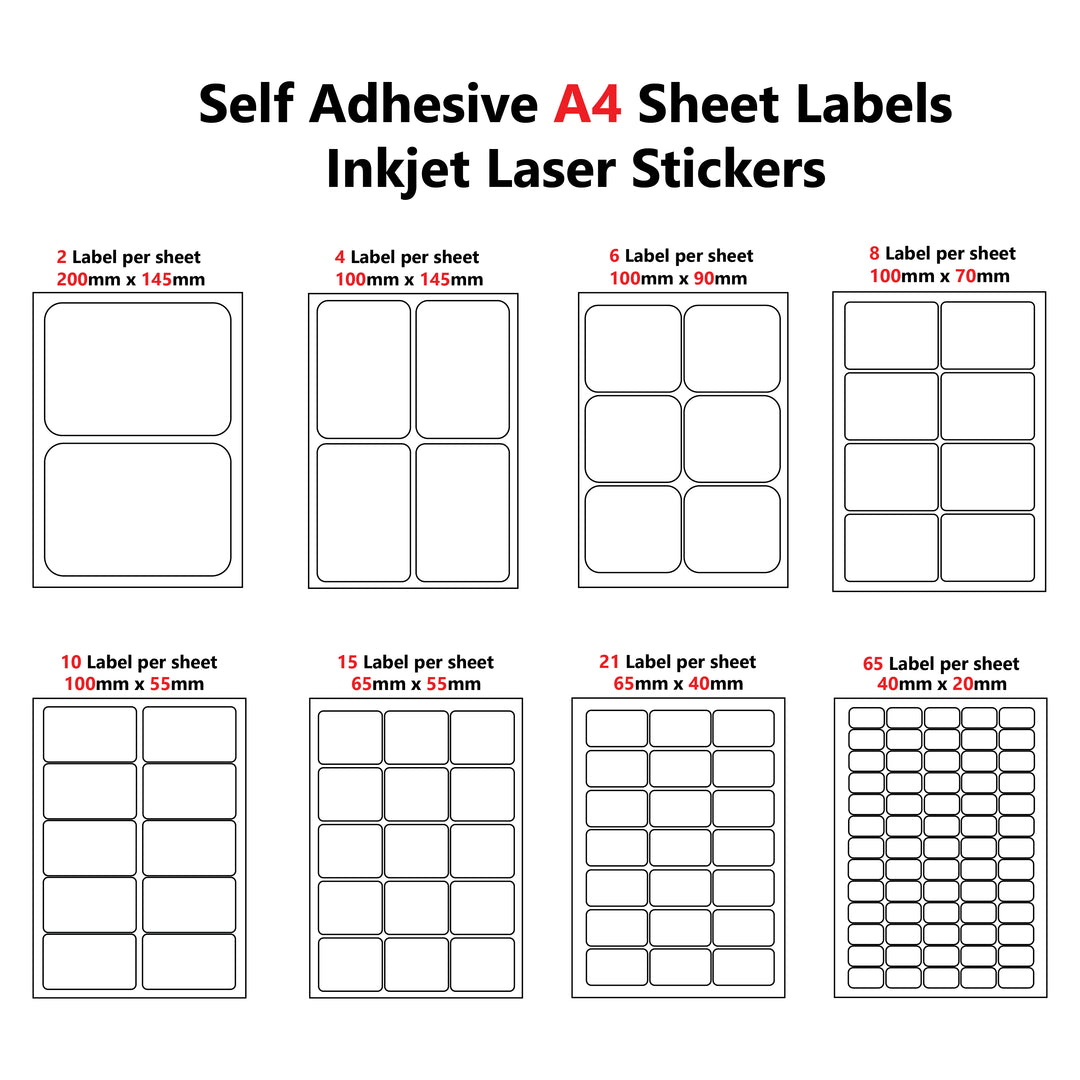 Versatile A4 Self-Adhesive Pre-Cut Labels: Available in 2, 4, 6, 8, 10, 15, 21, and 65 Labels Per Sheet