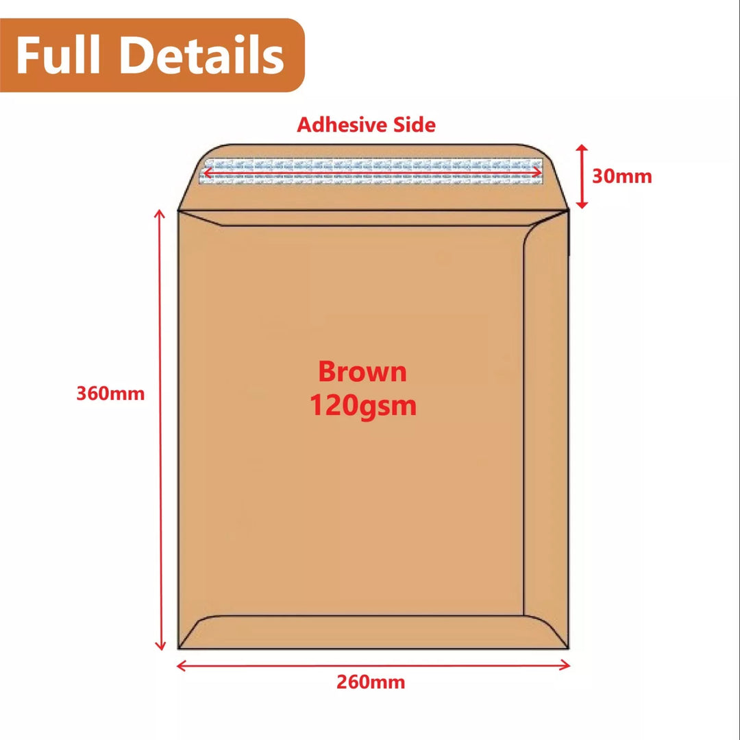 Card Mailer 260 x 360mm + 30mm Adhesive Seal - 120gsm Brown Envelopes for Secure Mailing